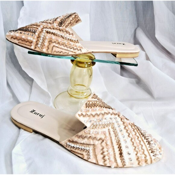 Peach Satin Embroidered Beaded Slip On Mules Zuruj Size 41 US 10 - Picture 3 of 13